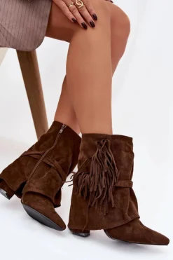 Boto Botki Na Słupku|Czarne Botki*Botki Damskie Na Słupku Z Frędzlami I Złotymi Klamrami Brązowe Evelisse Brązowy