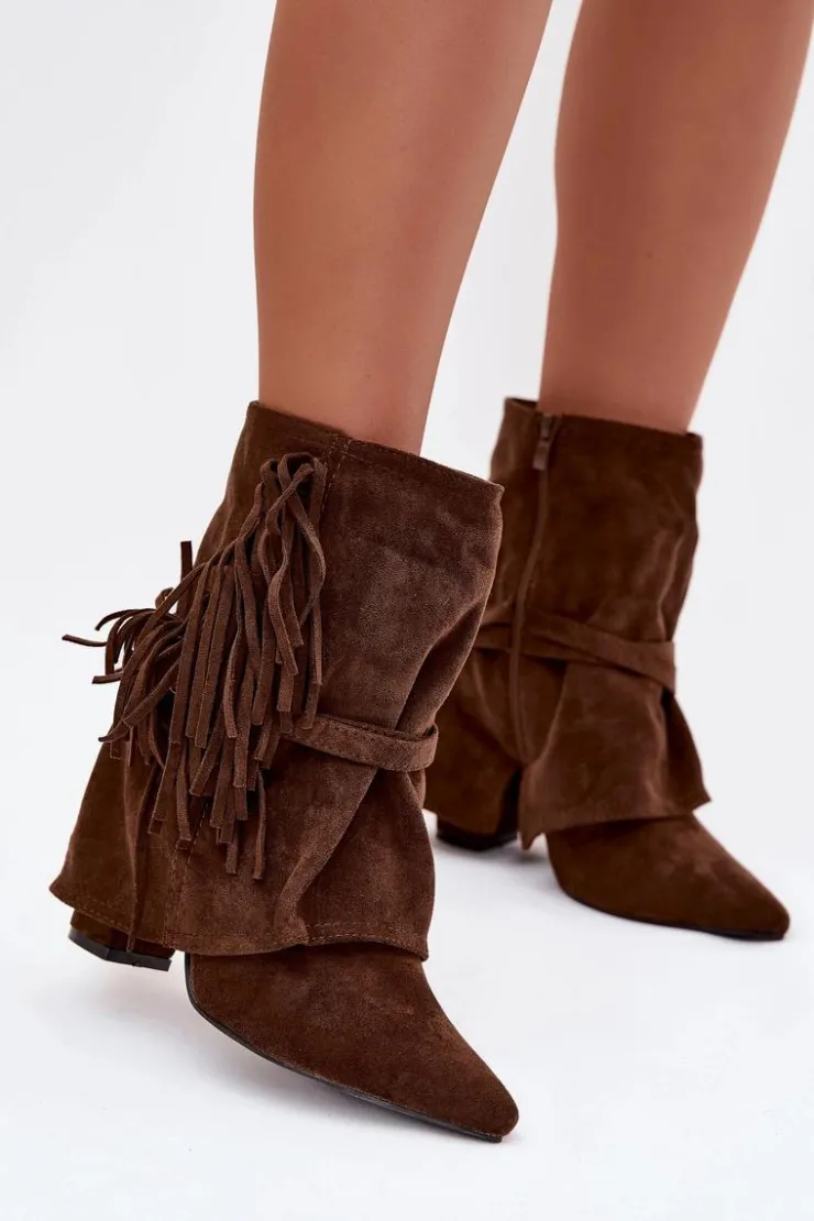Boto Botki Na Słupku|Czarne Botki*Botki Damskie Na Słupku Z Frędzlami I Złotymi Klamrami Brązowe Evelisse Brązowy