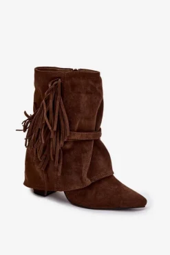 Boto Botki Na Słupku|Czarne Botki*Botki Damskie Na Słupku Z Frędzlami I Złotymi Klamrami Brązowe Evelisse Brązowy