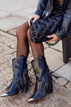 Damskie Boto Botki Damskie Na Słupku Z Frędzlami Kowbojki Czarne Jessica