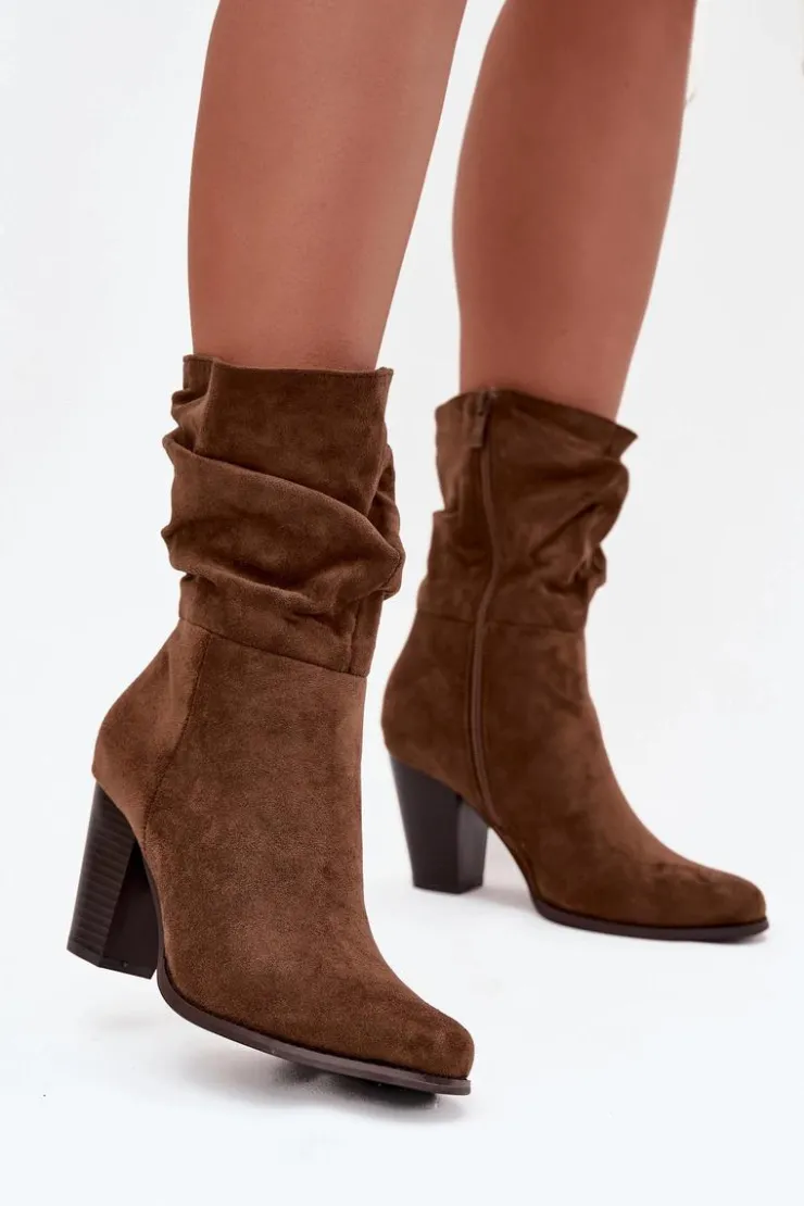 Hot Boto Botki Damskie Na Słupku Z Marszczeniem Brązowe Jovessa