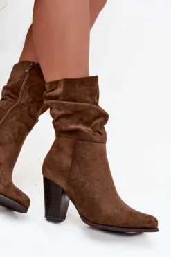 Hot Boto Botki Damskie Na Słupku Z Marszczeniem Brązowe Jovessa