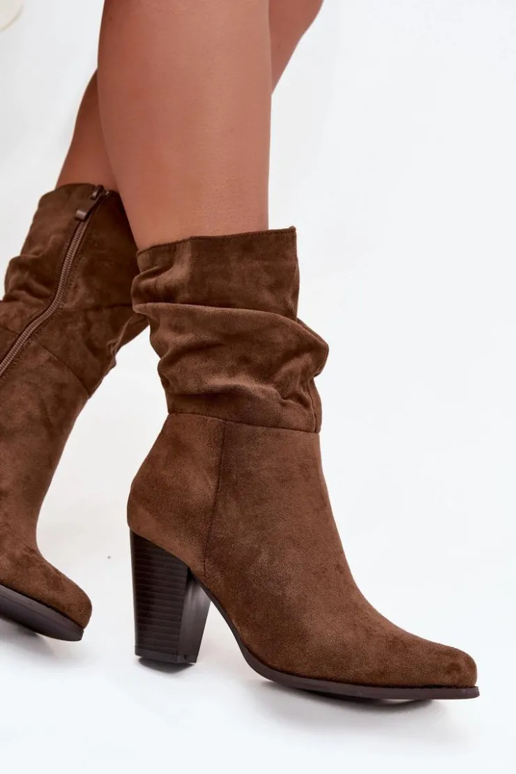 Hot Boto Botki Damskie Na Słupku Z Marszczeniem Brązowe Jovessa