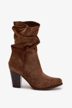 Hot Boto Botki Damskie Na Słupku Z Marszczeniem Brązowe Jovessa