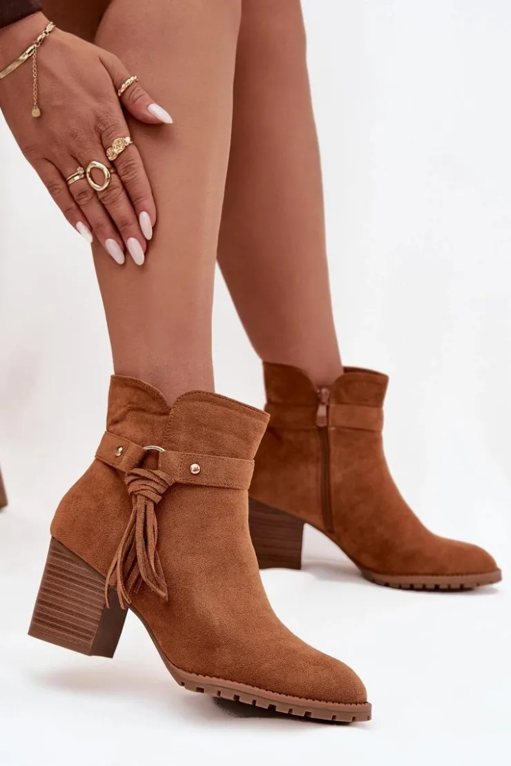 Damskie Boto Botki Damskie Na Słupku Z Frędzlami Camel Rosabella