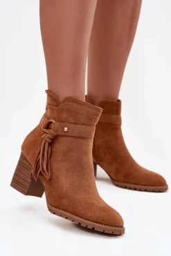 Damskie Boto Botki Damskie Na Słupku Z Frędzlami Camel Rosabella
