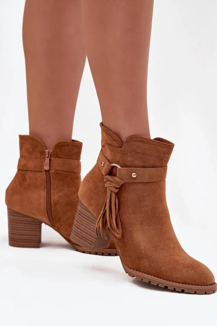 Damskie Boto Botki Damskie Na Słupku Z Frędzlami Camel Rosabella