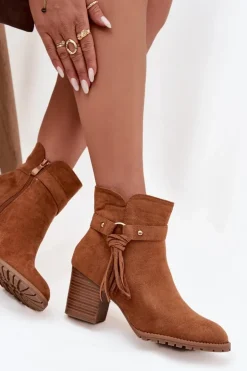 Damskie Boto Botki Damskie Na Słupku Z Frędzlami Camel Rosabella