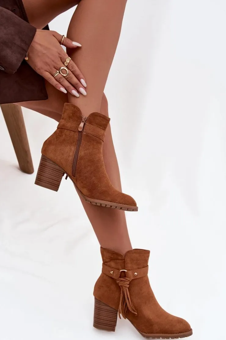 Damskie Boto Botki Damskie Na Słupku Z Frędzlami Camel Rosabella