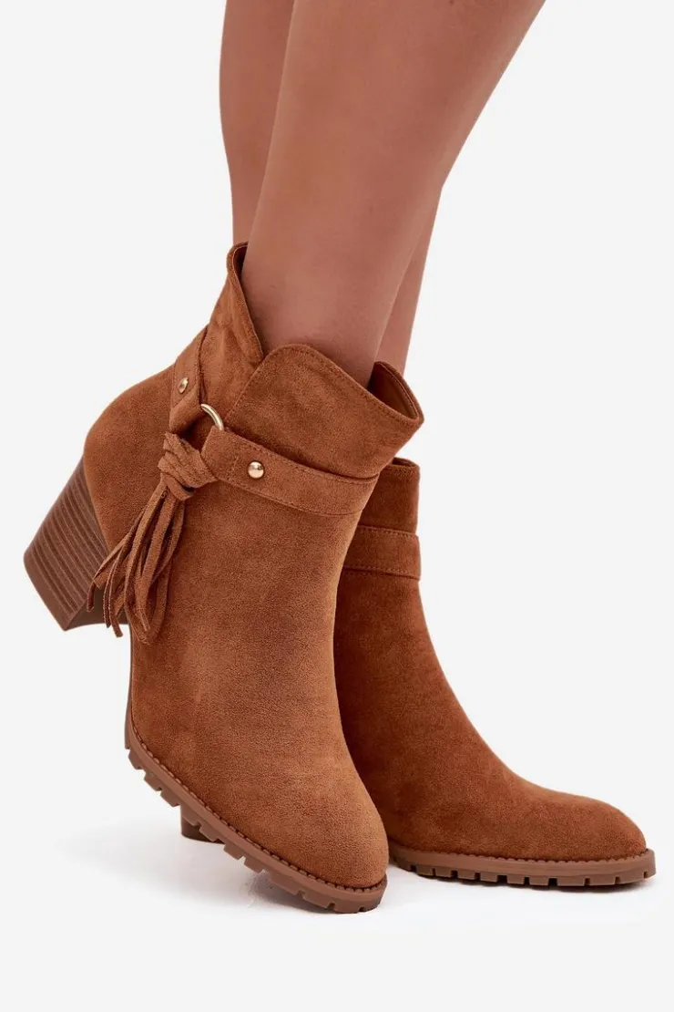 Damskie Boto Botki Damskie Na Słupku Z Frędzlami Camel Rosabella