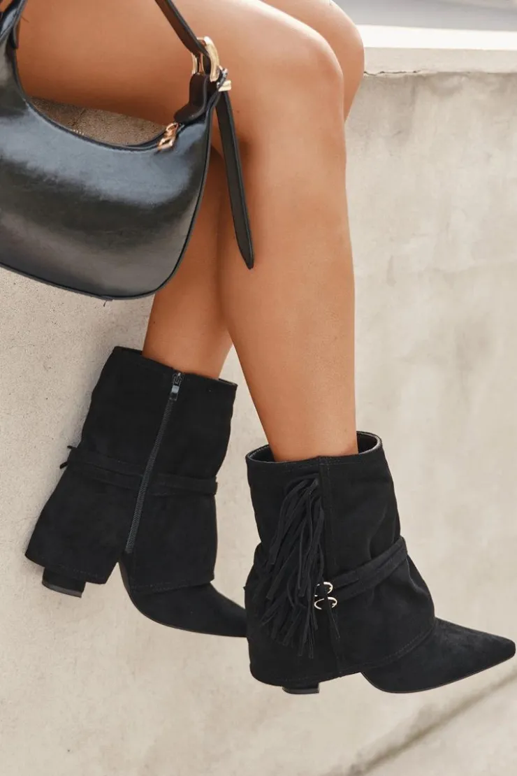 Damskie Boto Botki Damskie Na Słupku Z Frędzlami I Złotymi Klamrami Czarne Evelisse