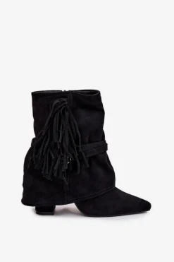 Damskie Boto Botki Damskie Na Słupku Z Frędzlami I Złotymi Klamrami Czarne Evelisse