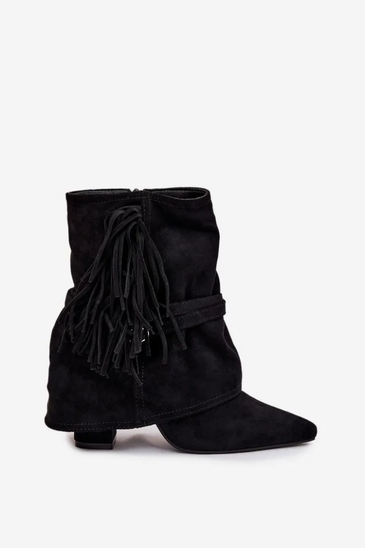 Damskie Boto Botki Damskie Na Słupku Z Frędzlami I Złotymi Klamrami Czarne Evelisse