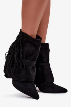 Damskie Boto Botki Damskie Na Słupku Z Frędzlami I Złotymi Klamrami Czarne Evelisse