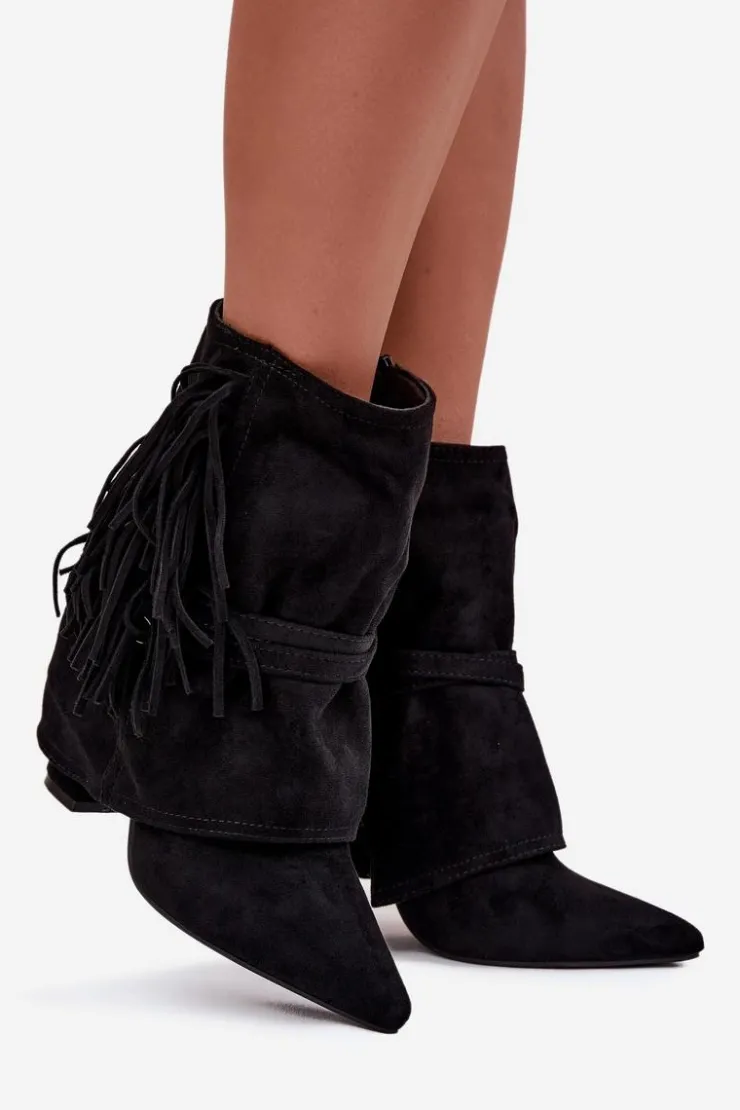 Damskie Boto Botki Damskie Na Słupku Z Frędzlami I Złotymi Klamrami Czarne Evelisse