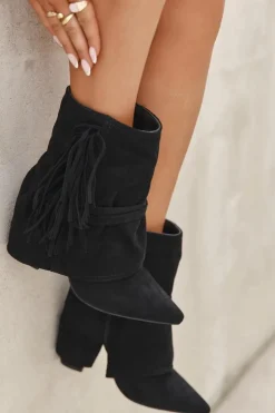 Damskie Boto Botki Damskie Na Słupku Z Frędzlami I Złotymi Klamrami Czarne Evelisse