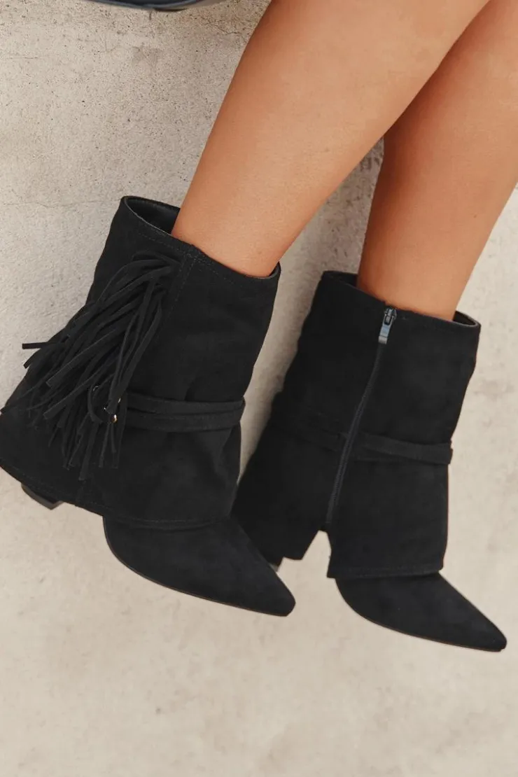 Damskie Boto Botki Damskie Na Słupku Z Frędzlami I Złotymi Klamrami Czarne Evelisse