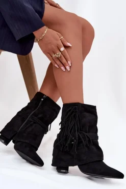 Damskie Boto Botki Damskie Na Słupku Z Frędzlami I Złotymi Klamrami Czarne Evelisse