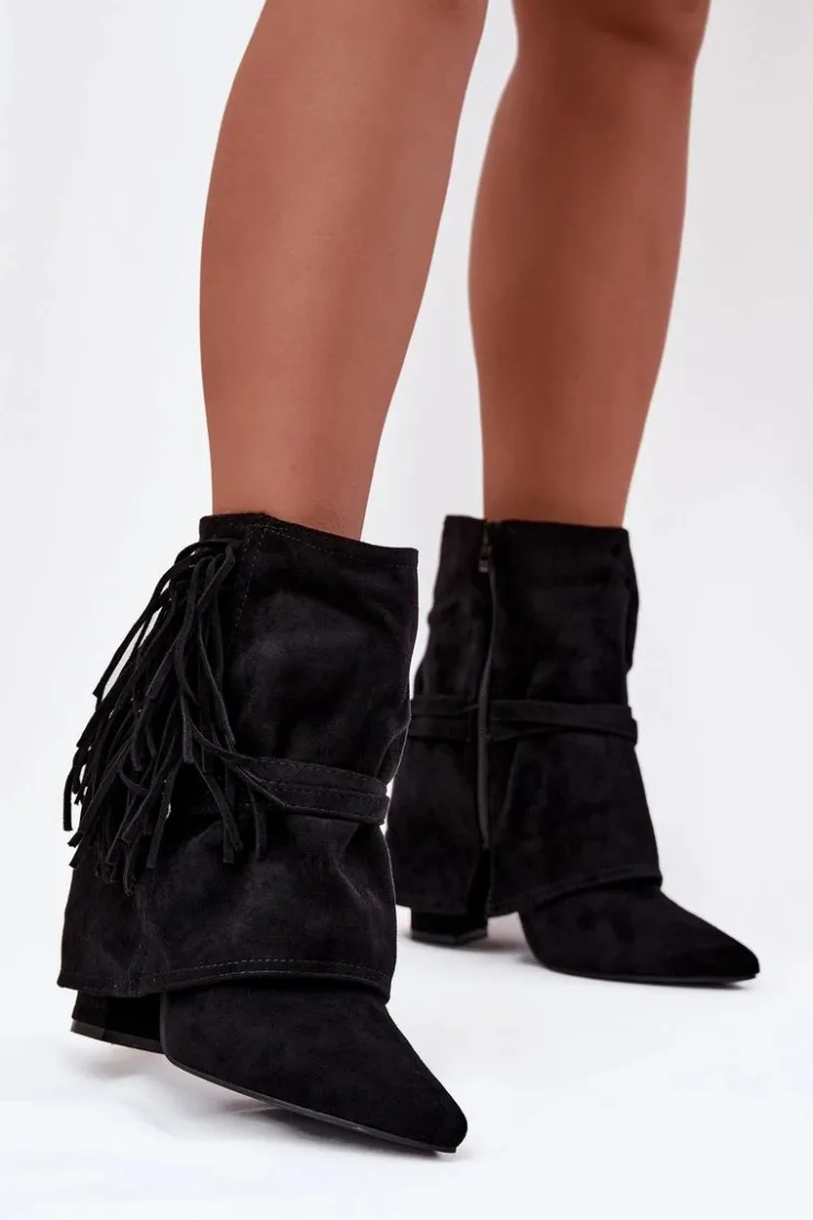 Damskie Boto Botki Damskie Na Słupku Z Frędzlami I Złotymi Klamrami Czarne Evelisse