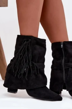 Damskie Boto Botki Damskie Na Słupku Z Frędzlami I Złotymi Klamrami Czarne Evelisse