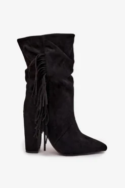 Online Boto Botki Damskie Na Słupku Z Frędzlami I Marszczeniem Ocieplane Czarne Darlina Czarny