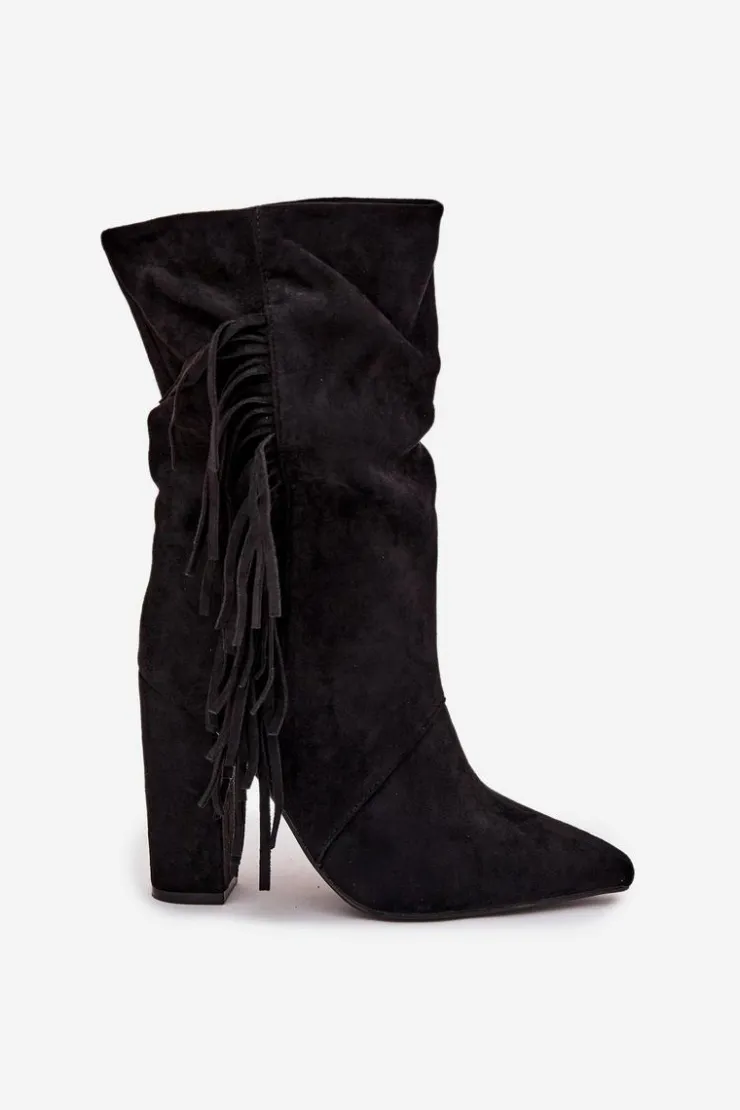 Online Boto Botki Damskie Na Słupku Z Frędzlami I Marszczeniem Ocieplane Czarne Darlina Czarny