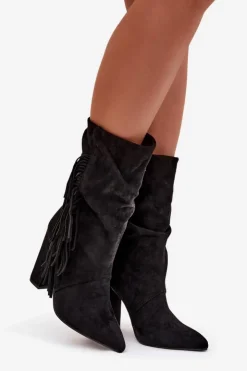 Online Boto Botki Damskie Na Słupku Z Frędzlami I Marszczeniem Ocieplane Czarne Darlina Czarny