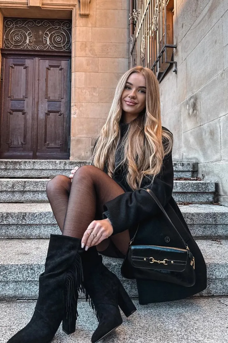 Online Boto Botki Damskie Na Słupku Z Frędzlami I Marszczeniem Ocieplane Czarne Darlina Czarny