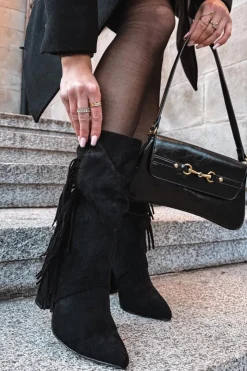 Online Boto Botki Damskie Na Słupku Z Frędzlami I Marszczeniem Ocieplane Czarne Darlina Czarny