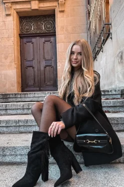 Online Boto Botki Damskie Na Słupku Z Frędzlami I Marszczeniem Ocieplane Czarne Darlina Czarny