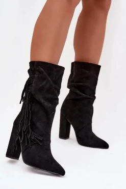 Online Boto Botki Damskie Na Słupku Z Frędzlami I Marszczeniem Ocieplane Czarne Darlina Czarny