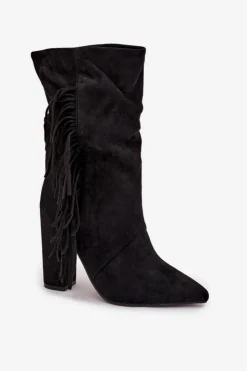 Online Boto Botki Damskie Na Słupku Z Frędzlami I Marszczeniem Ocieplane Czarne Darlina Czarny