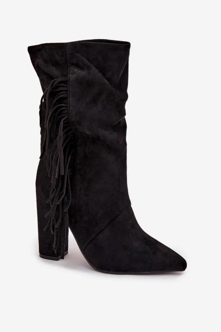 Online Boto Botki Damskie Na Słupku Z Frędzlami I Marszczeniem Ocieplane Czarne Darlina Czarny