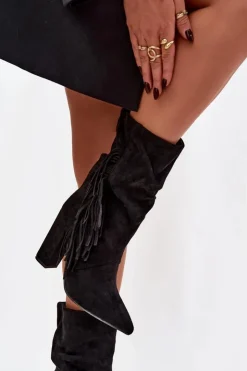 Online Boto Botki Damskie Na Słupku Z Frędzlami I Marszczeniem Ocieplane Czarne Darlina Czarny