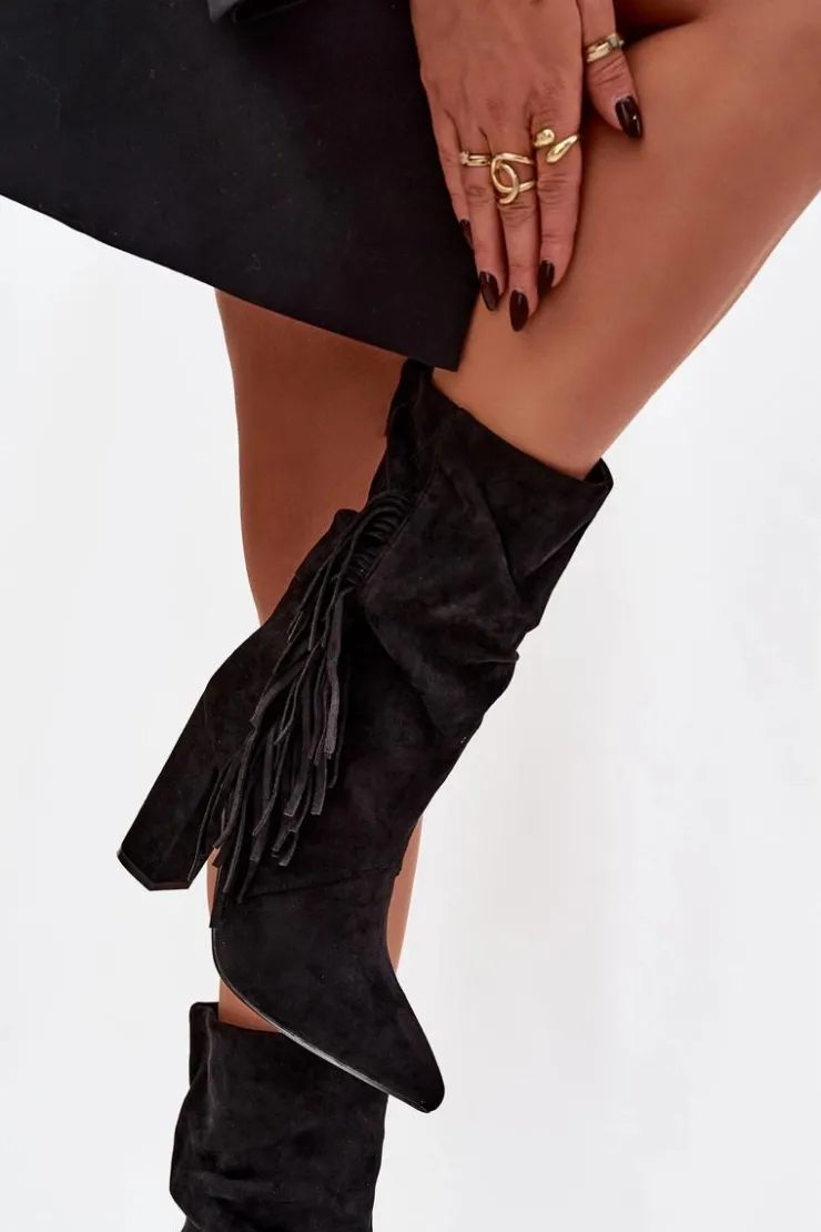 Online Boto Botki Damskie Na Słupku Z Frędzlami I Marszczeniem Ocieplane Czarne Darlina Czarny