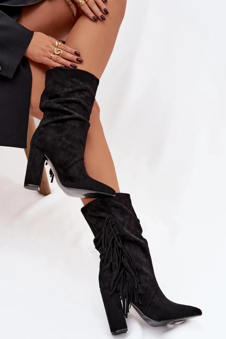 Online Boto Botki Damskie Na Słupku Z Frędzlami I Marszczeniem Ocieplane Czarne Darlina Czarny
