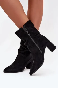 Boto Botki Ocieplane|Botki Na Słupku*Botki Damskie Na Słupku Z Marszczeniem Ocieplane Czarne Amelise Czarny