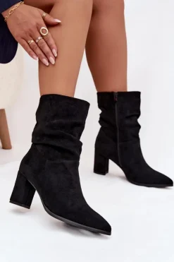Boto Botki Ocieplane|Botki Na Słupku*Botki Damskie Na Słupku Z Marszczeniem Ocieplane Czarne Amelise Czarny