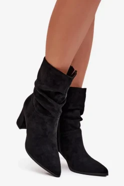 Boto Botki Ocieplane|Botki Na Słupku*Botki Damskie Na Słupku Z Marszczeniem Ocieplane Czarne Amelise Czarny