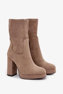 Damskie Boto Botki Damskie Na Słupku Z Eko Zamszu Beżowe Carolina