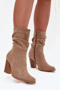 Damskie Boto Botki Damskie Na Słupku Z Marszczeniem Beżowe Jovessa