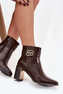 Boto Botki Ocieplane|Botki Skórzane*Botki Damskie Na Słupku Z Paskiem I Złotym Detalem Czekoladowe Galinne Brązowy