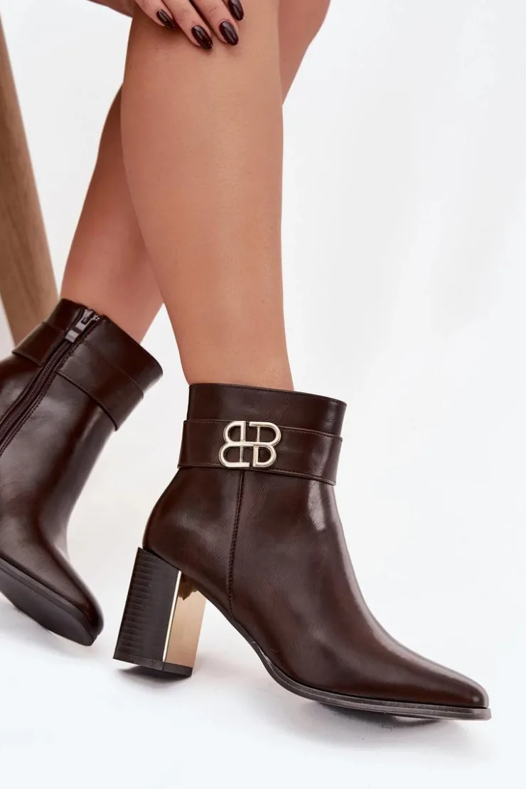 Boto Botki Ocieplane|Botki Skórzane*Botki Damskie Na Słupku Z Paskiem I Złotym Detalem Czekoladowe Galinne Brązowy