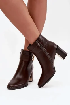 Boto Botki Ocieplane|Botki Skórzane*Botki Damskie Na Słupku Z Paskiem I Złotym Detalem Czekoladowe Galinne Brązowy