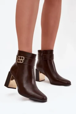 Boto Botki Ocieplane|Botki Skórzane*Botki Damskie Na Słupku Z Paskiem I Złotym Detalem Czekoladowe Galinne Brązowy