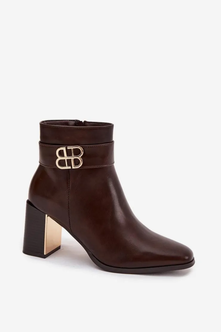 Boto Botki Ocieplane|Botki Skórzane*Botki Damskie Na Słupku Z Paskiem I Złotym Detalem Czekoladowe Galinne Brązowy