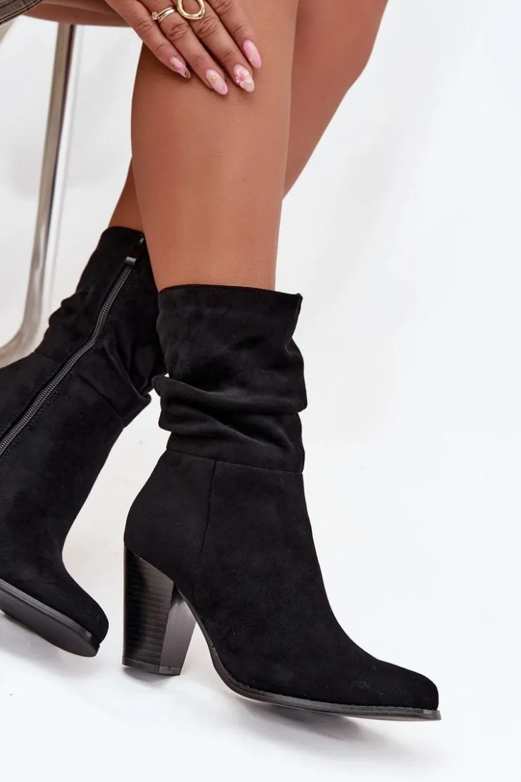 Boto Botki Na Słupku|Botki Zimowe Damskie*Botki Damskie Na Słupku Z Marszczeniem Czarne Jovessa