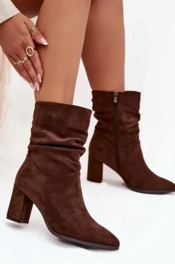 Damskie Boto Botki Damskie Na Słupku Z Marszczeniem Ocieplane Brązowe Amelise