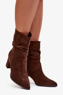 Damskie Boto Botki Damskie Na Słupku Z Marszczeniem Ocieplane Brązowe Amelise