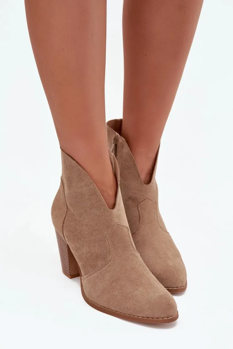 Outlet Boto Botki Damskie Na Słupku Z Eko Zamszu Beżowe Elvirae Beżowy